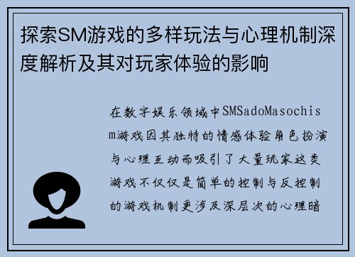 探索SM游戏的多样玩法与心理机制深度解析及其对玩家体验的影响